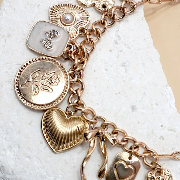 Charm Necklace-Custer Bow Heart Pearl Link