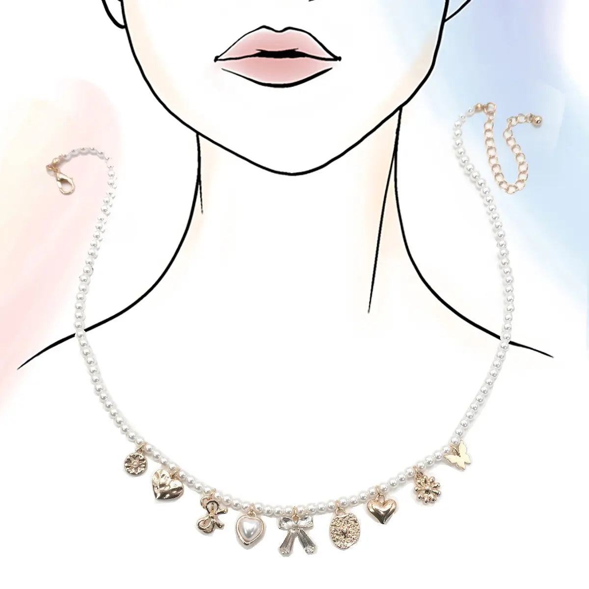 Charm Necklace-Bow Sunflower Heart Pearl Chain