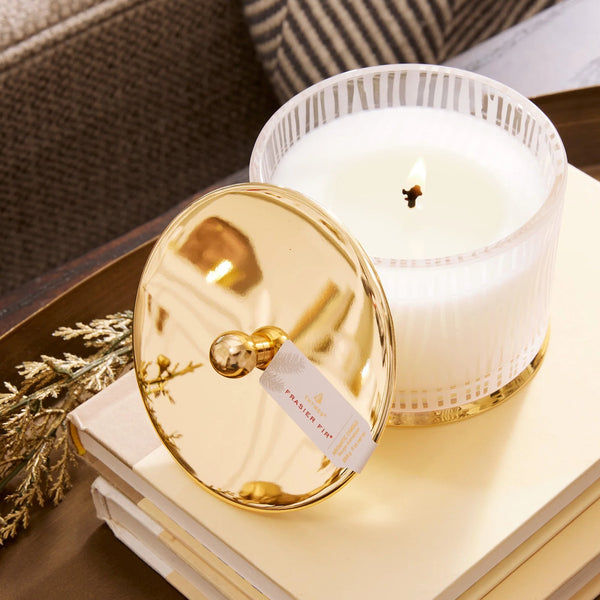 Thymes Frasier Fir Gilded Frosted Wood Grain Candle