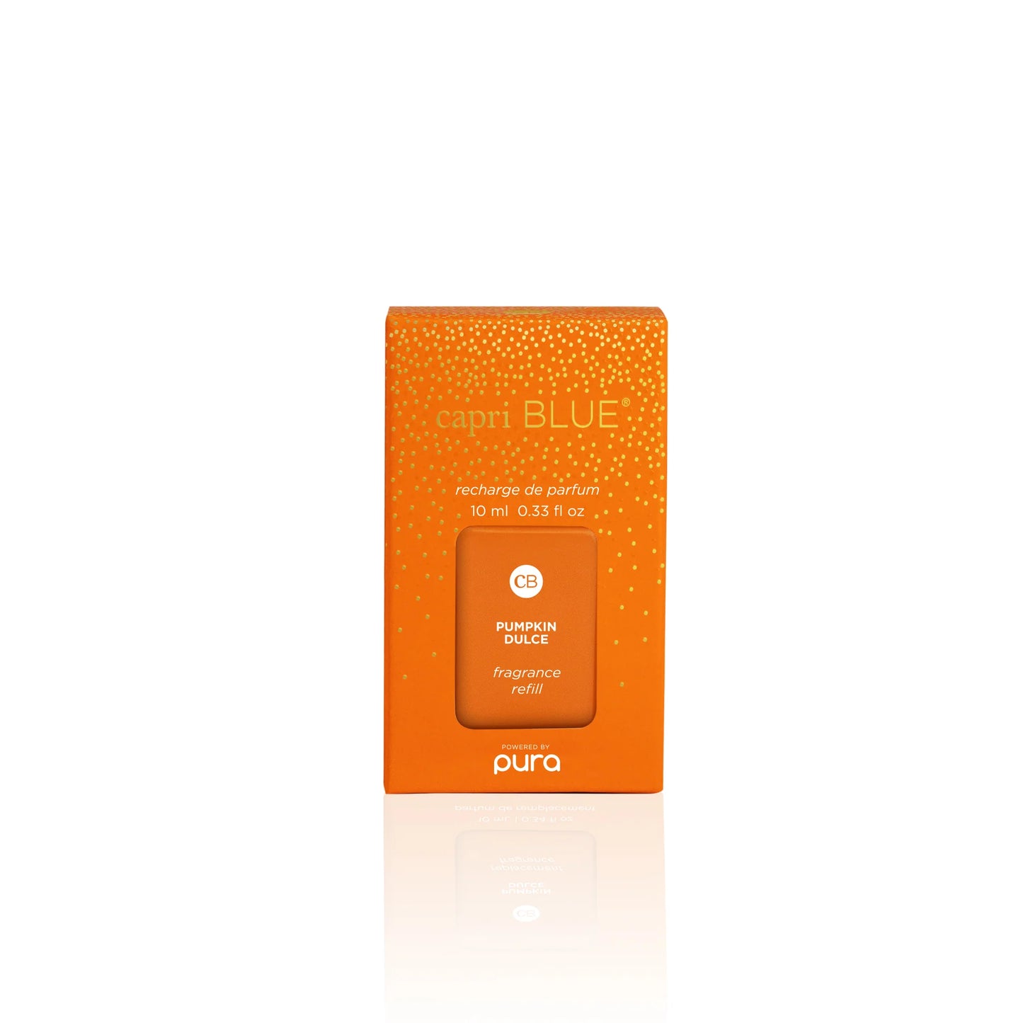 Pura Capri Blue Pumpkin Dolce rechargeable perfume atomizer box in bright orange with a small orange bottle window, centered on a white background with a soft reflection.