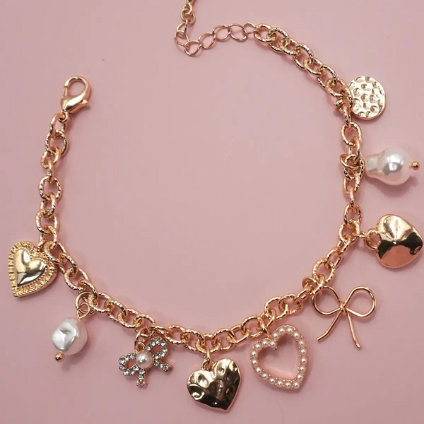 Charm Bracelet-Bow Heart Pearl Disc Charms