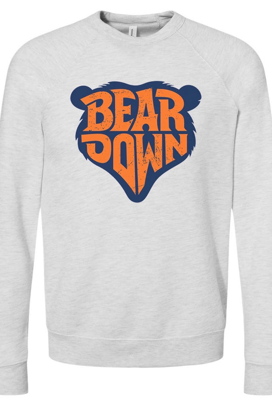 A light heather gray crewneck sweatshirt featuring a large graphic on the chest of a bear head silhouette filled with the words 'BEAR DOWN' in orange and navy blue.