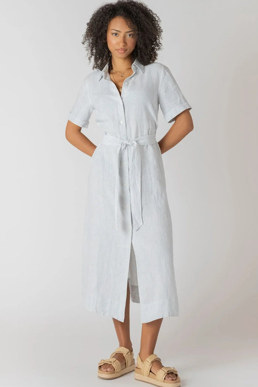 Woman wearing a light blue dress with a belt on a white background
