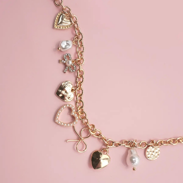 Charm Bracelet-Bow Heart Pearl Disc Charms