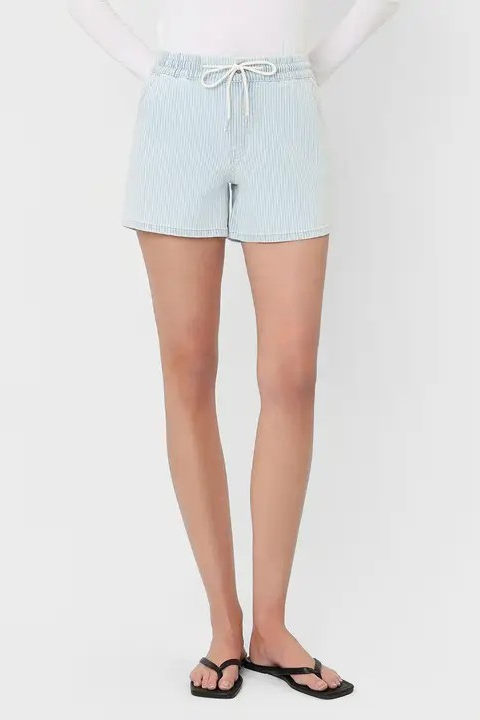 Light blue striped shorts worn by a person on a white background