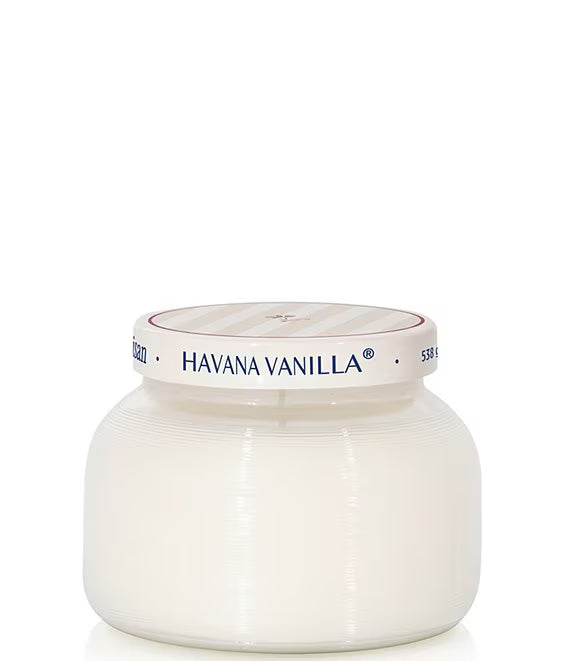 Candle jar labeled 'Havana Vanilla' on a white background