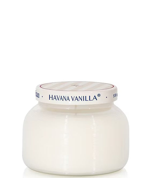 Candle jar labeled 'Havana Vanilla' on a white background