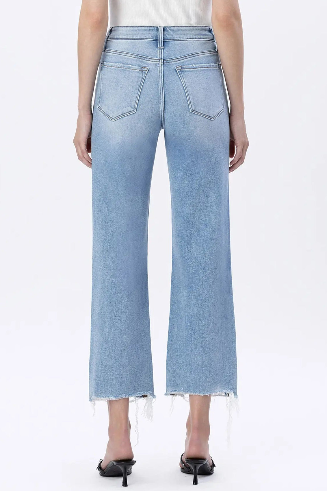 Light blue jeans worn by a person on a white background