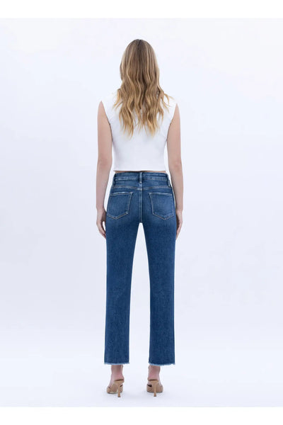High Rise Raw Slant Hem Slim Straight Jeans