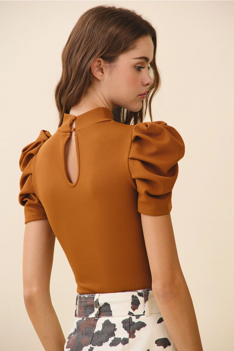 Stretch Knit Short Puff Sleeve Bodysuit