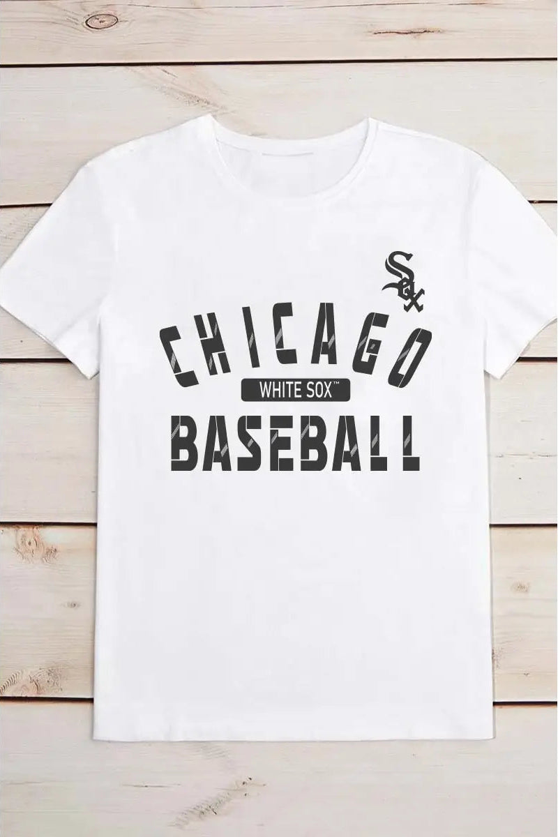 White t-shirt with 'Chicago White Sox Baseball' text on a wooden surface