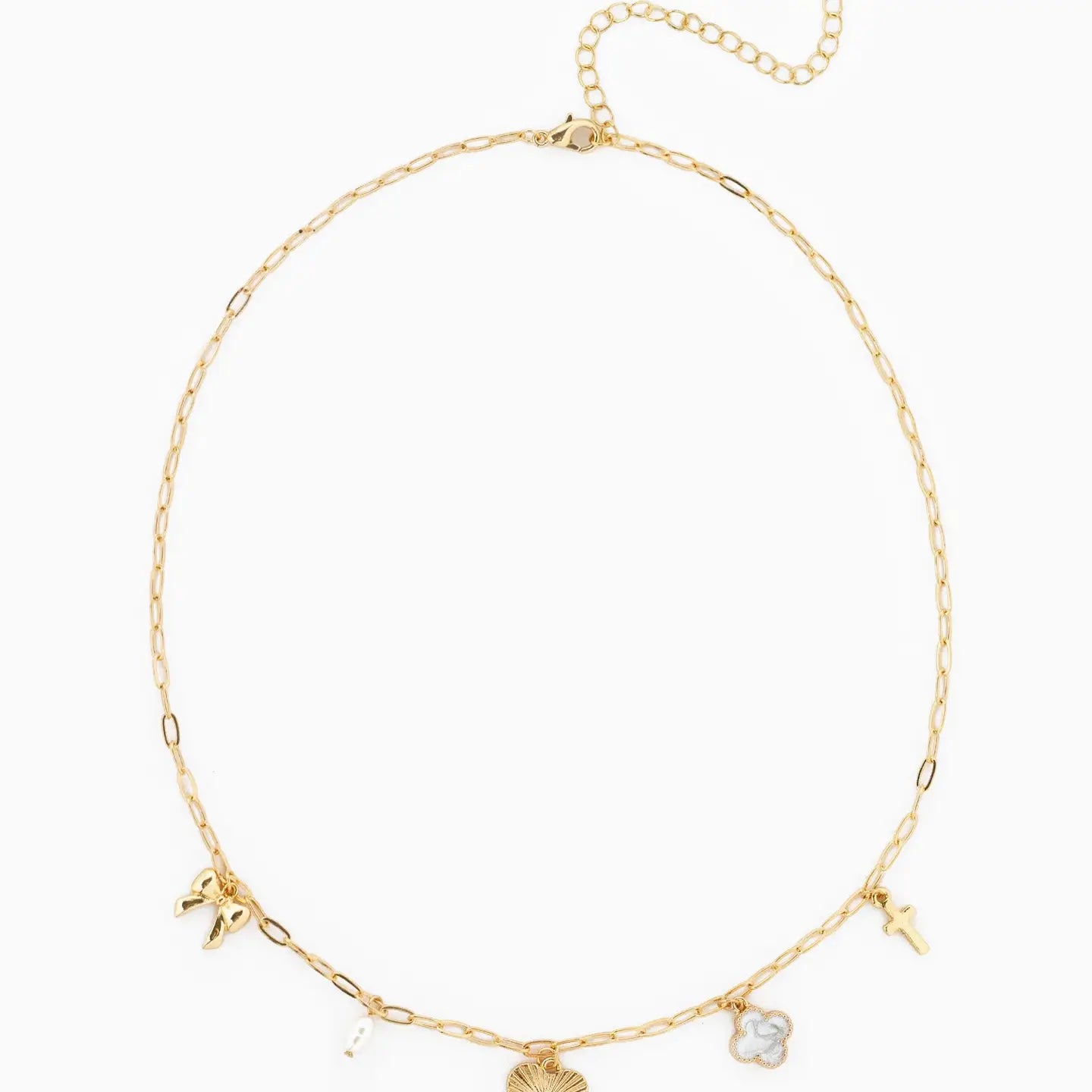 Gold necklace with various charms on a white background