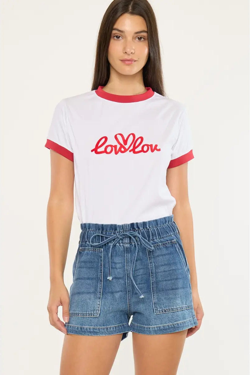 Person wearing a white t-shirt with red trim and 'lowlow' logo, paired with denim shorts on a white background.