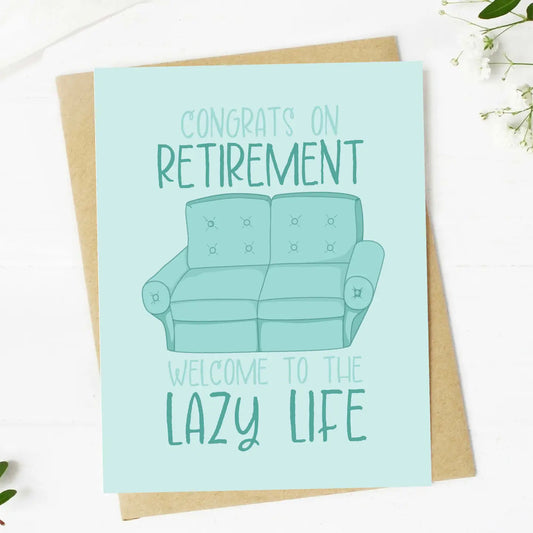 Retirement card with a blue couch illustration and humorous text on a light background.
