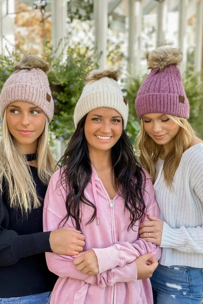 C.C Cable Knit Fur Pom Beanie