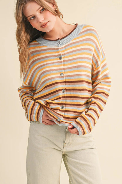 woman in striped cardigan 