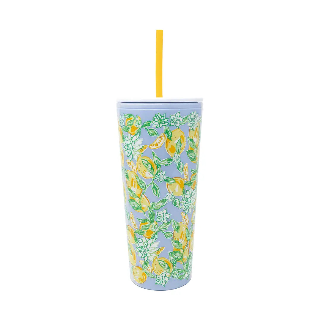 Tumbler with lemon and flower pattern on a light blue background