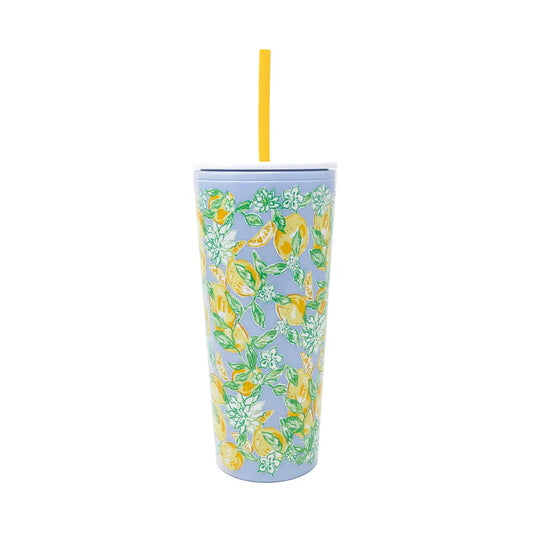 Tumbler with lemon and flower pattern on a light blue background