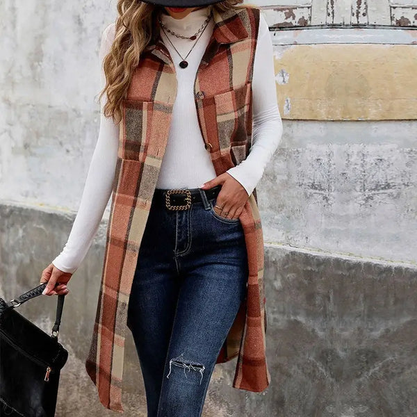 Sleeveless Plaid Vest with Lapel