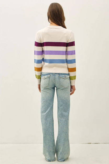A model viewed from the back wearing a cream-colored knit sweater with horizontal stripes in purple, light blue, and mustard yellow, paired with light-wash flare jeans against a plain white studio background.
