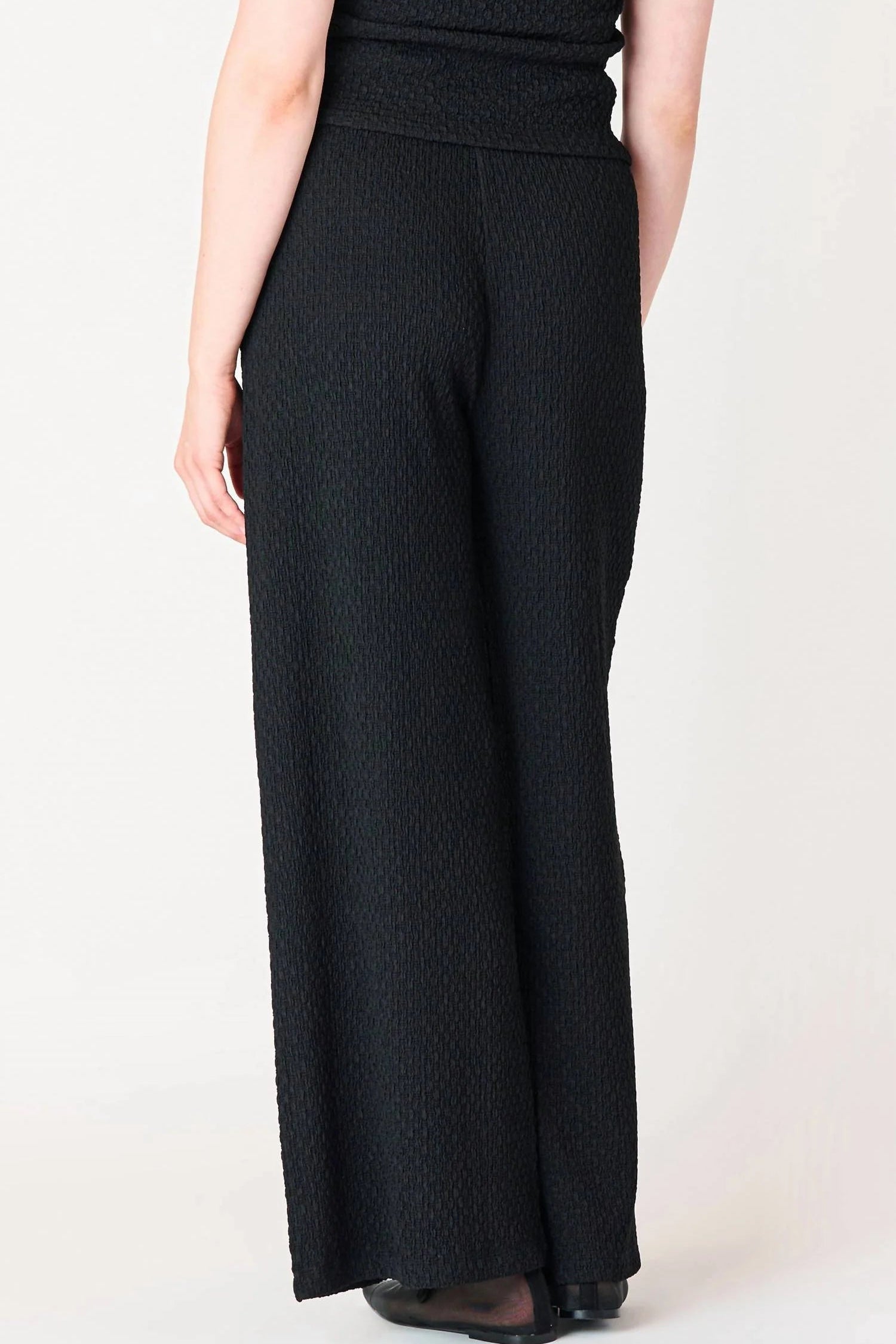 Person wearing black wide-leg pants on a plain background