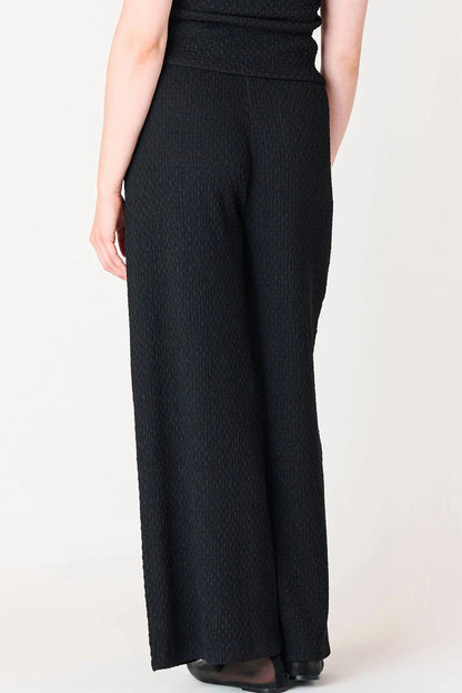 Person wearing black wide-leg pants on a plain background