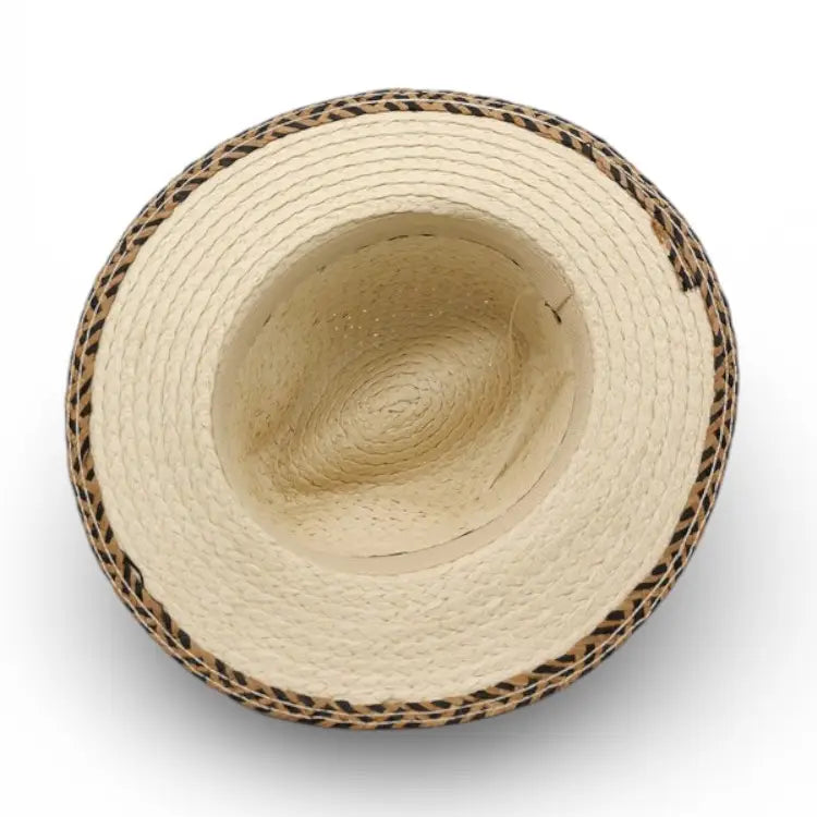 Beige straw hat with a black band on a white background
