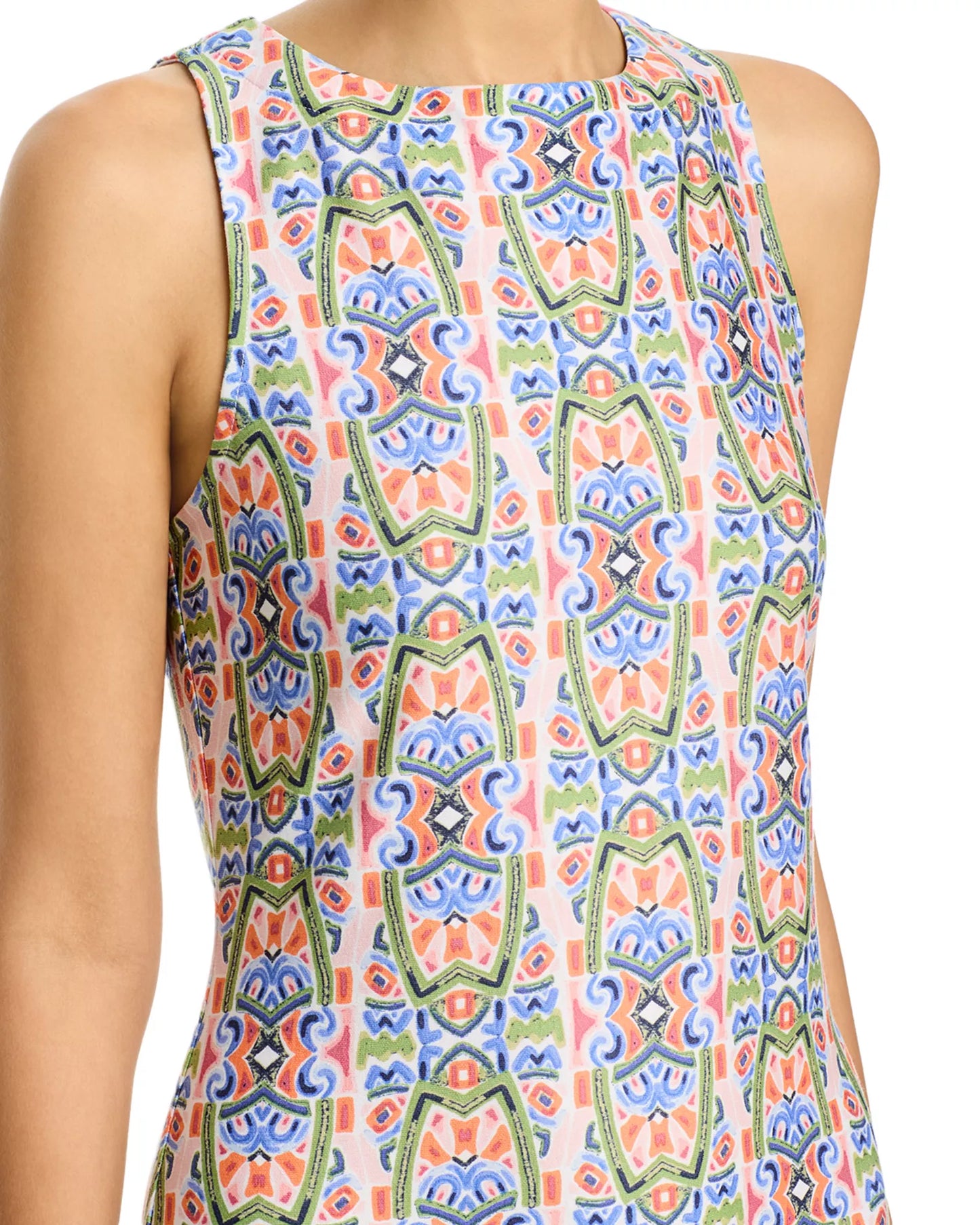 Multicolored patterned sleeveless top on a white background