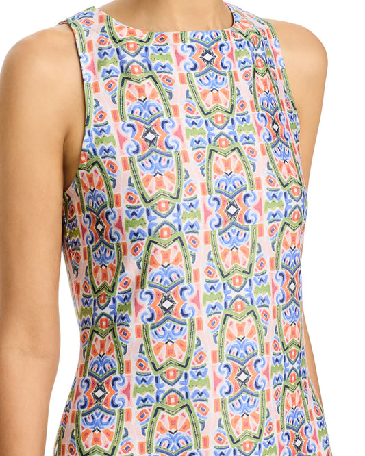 Multicolored patterned sleeveless top on a white background
