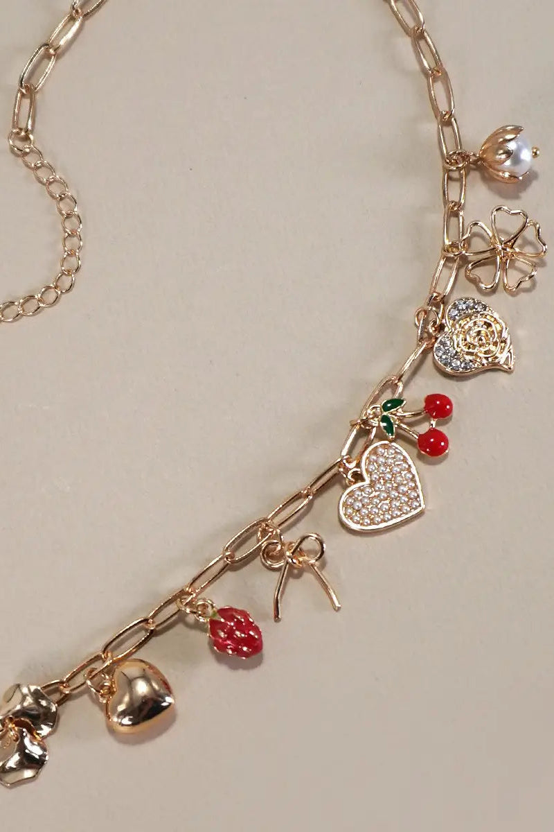 Multi Charm Bow Cherry Heart Necklace