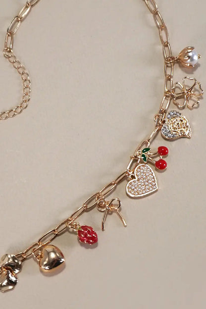 Multi Charm Bow Cherry Heart Necklace