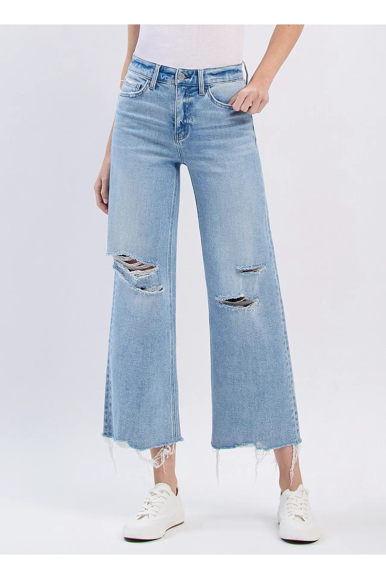 High Rise Distressed Crop Wide Jeans