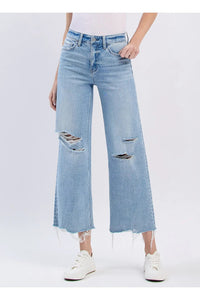 High Rise Distressed Crop Wide Jeans