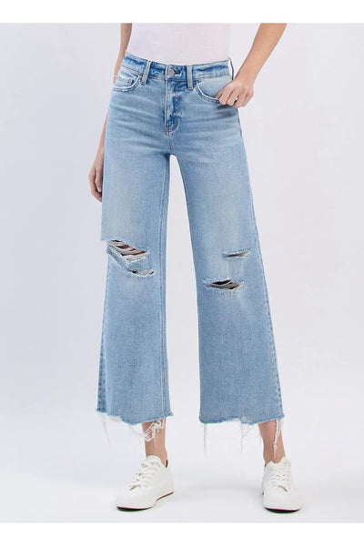 High Rise Distressed Crop Wide Jeans