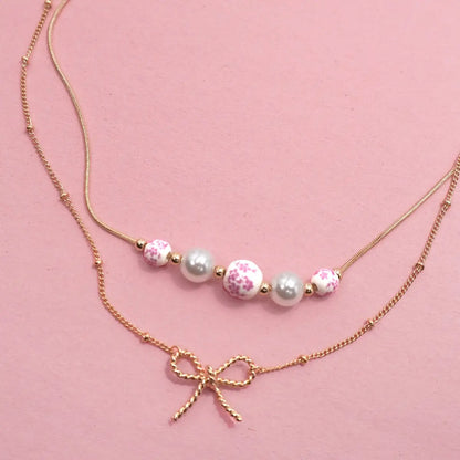 Pink Ceramic Porcelain Pearl Bow Layer Necklace