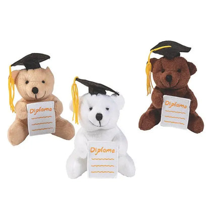 Three teddy bears in graduation attire with 'Diploma' papers on a white background