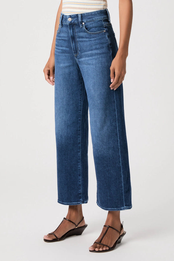A model wearing a pair of high-waisted, wide-leg cropped blue denim jeans with brown wedge sandals, shown from the waist down on a light gray studio background.