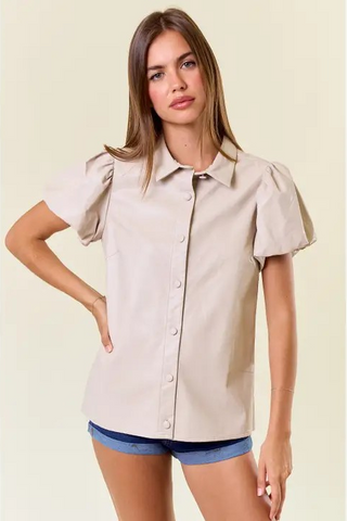 Bubble Sleeve Faux Leather Top
