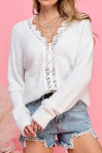 Puffy Lace Trim Sweater