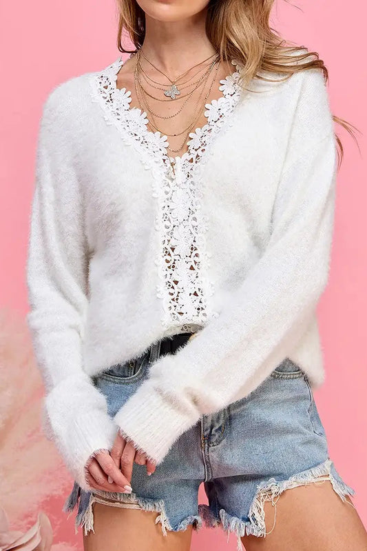 Puffy Lace Trim Sweater