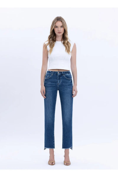 High Rise Raw Slant Hem Slim Straight Jeans