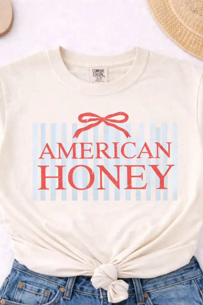 tee with american honey on the front with red bow