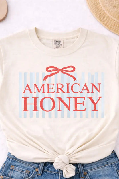 tee with american honey on the front with red bow