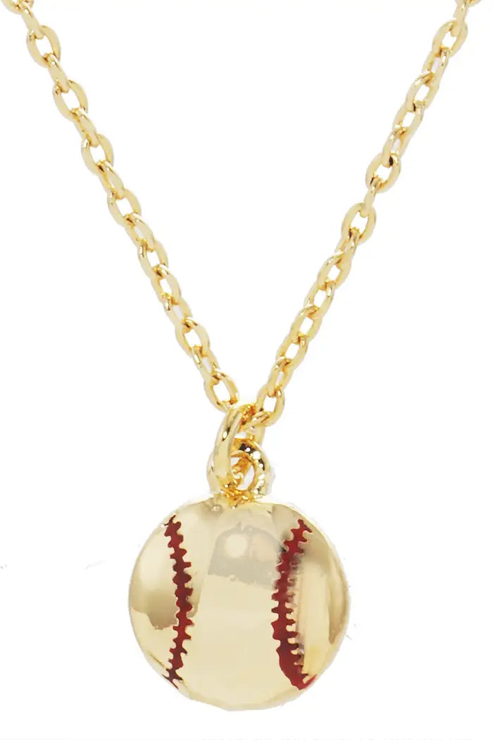 Gold necklace with a baseball pendant on a white background