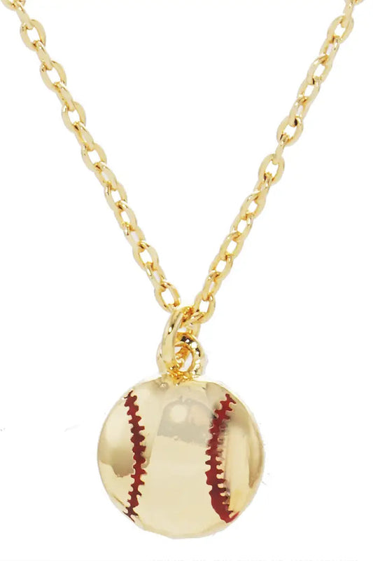 Gold necklace with a baseball pendant on a white background