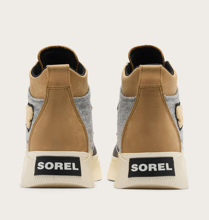 A pair of Sorel high-top sneakers shown from the back, featuring tan leather panels, a gray felt side panel, a beige sole with a black SOREL logo patch, and a small embroidered bear face on the heel.