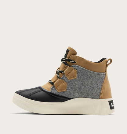 A mid-top platform sneaker boot with a black leather toe cap, a textured gray wool-like side panel, tan suede overlays, and a thick cream platform sole. The shoe is shown from a side profile view against a light off-white background.