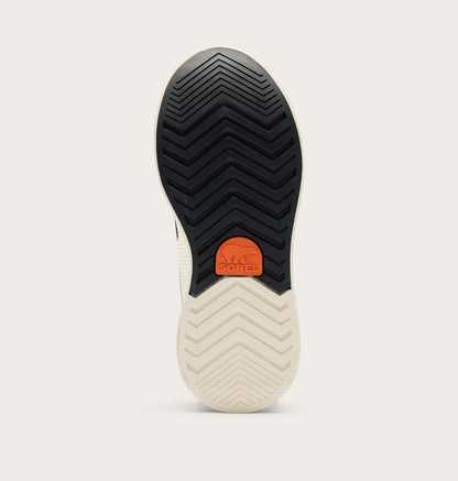 The outsole of a running shoe shown from the bottom, featuring a black chevron-patterned tread with an orange circular logo containing the text '4.4 BONES' in the center, on a light beige background.