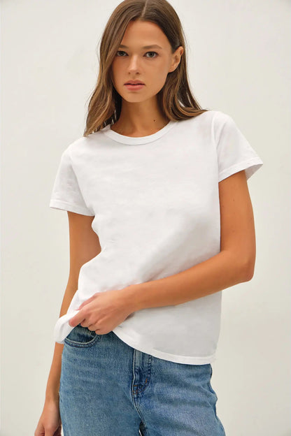woman in tee and jeans