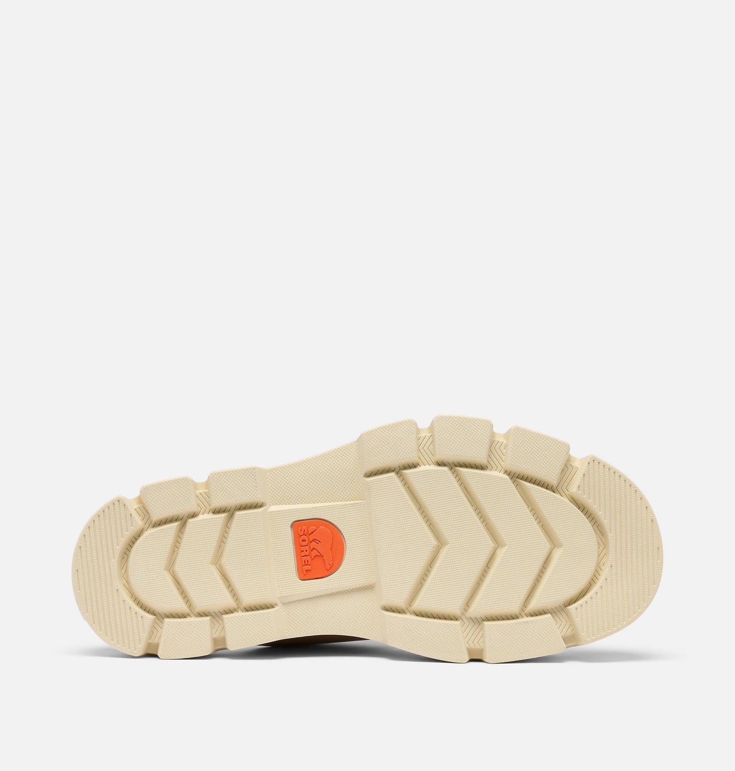 Close-up of a beige shoe sole with a red logo on a white background